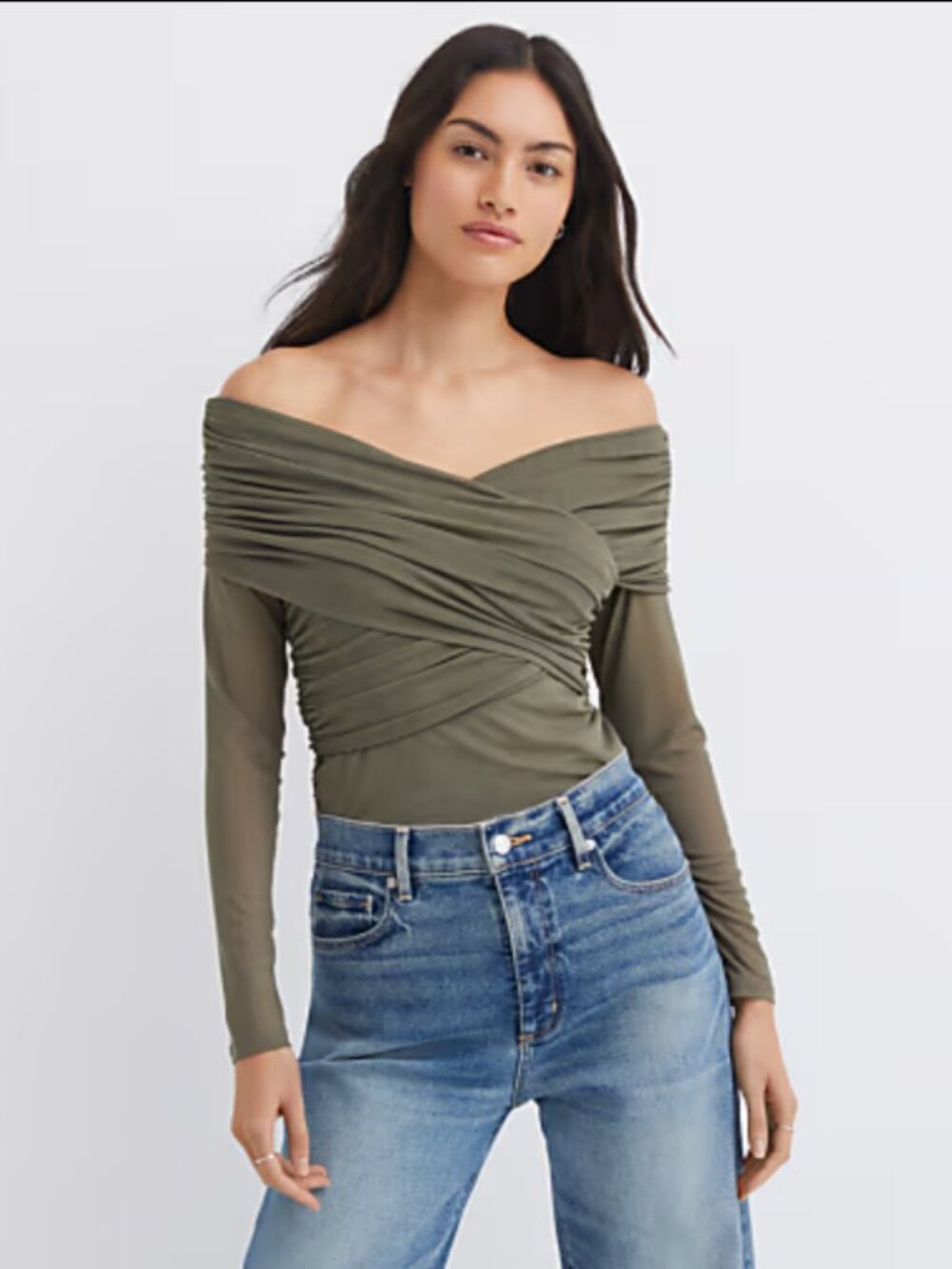 LOFT Olive Green Mesh Long Sleeve Top Worn Once - MSRP $68